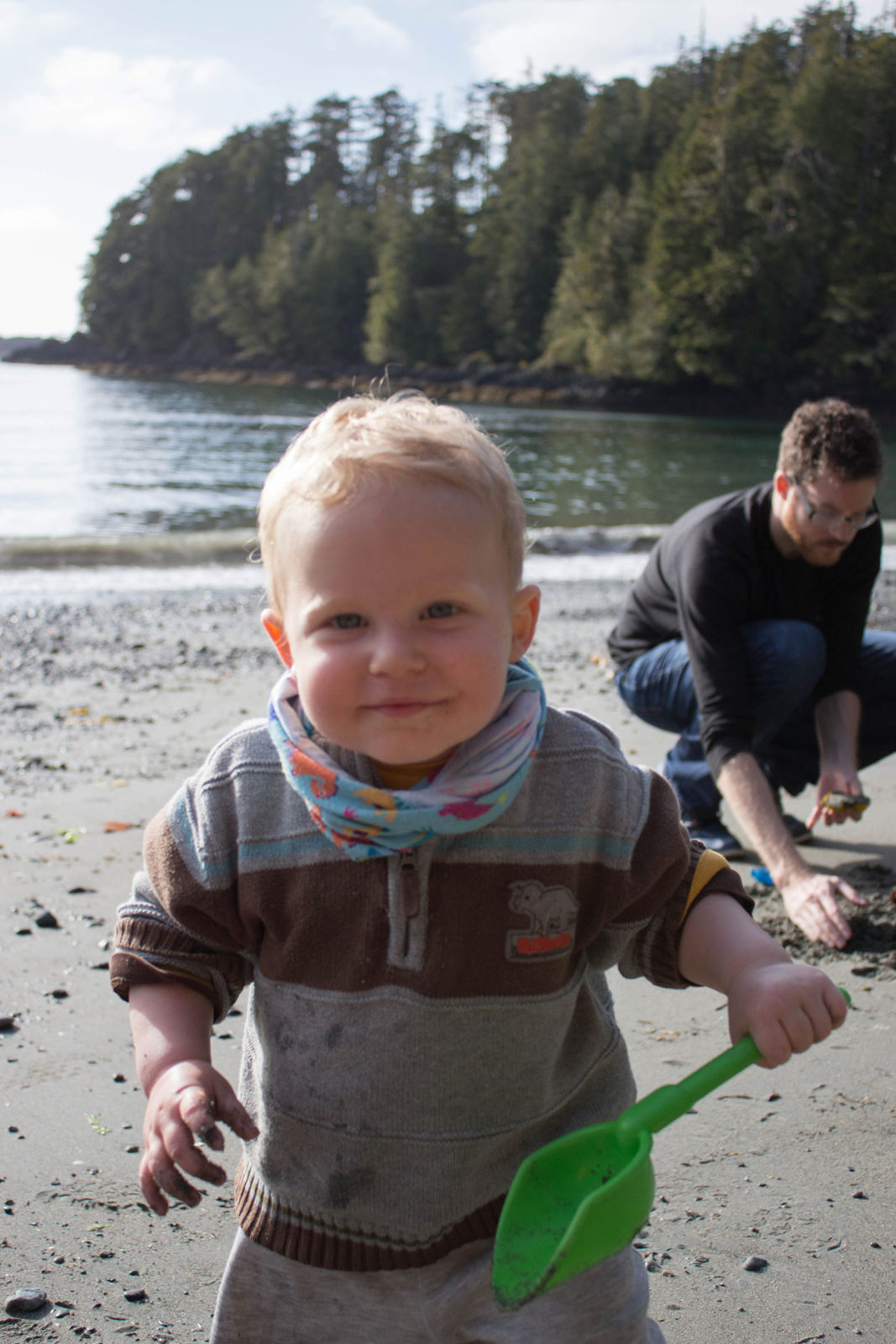 Albert, leaving his dad to play in the sand